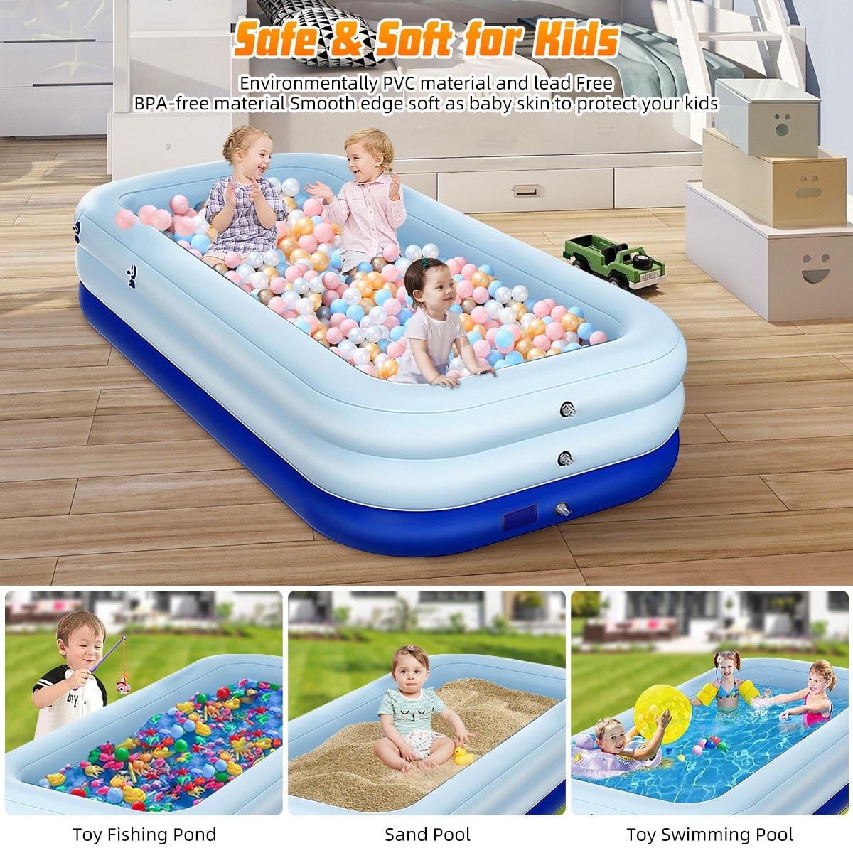 Inflatable Swimming Pool for Kids and Adults, Full-Sized Family Kiddie Blow  up Swim Pools - Blue