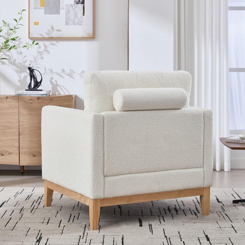 Farmhouse Performance Accent Chair with Natural Wood Legs, Wood Base Reading Armchair Single Sofa with Two Bolster Pillows