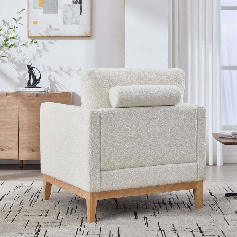 Modern Accent Chair with Wood Base, Boucle Upholstered Armchair with 2 Bolster Pillows, Single Sofa Chair for Living Room