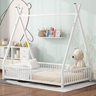 Twin Size Metal House Platform Bed with Triangle Structure and Guardrail for Kids, Boys and Girls