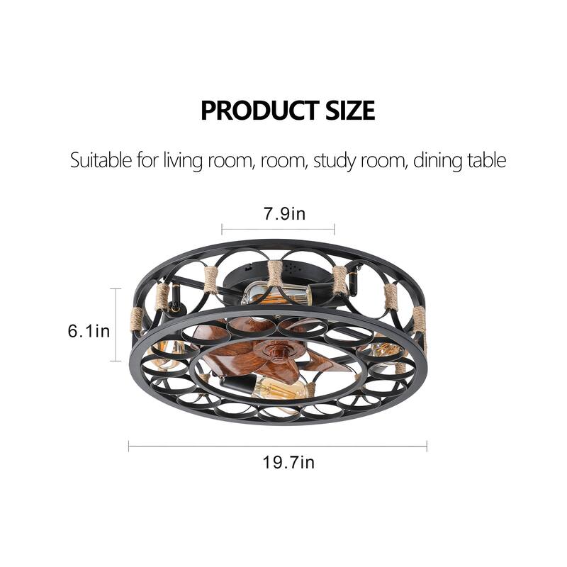 Cusp Barn 20" Flush Mount Ceiling Fan,Caged Ceiling Fan,Low Profile Modern Farmhouse Fan Light,Quite Airflow with Remote Control