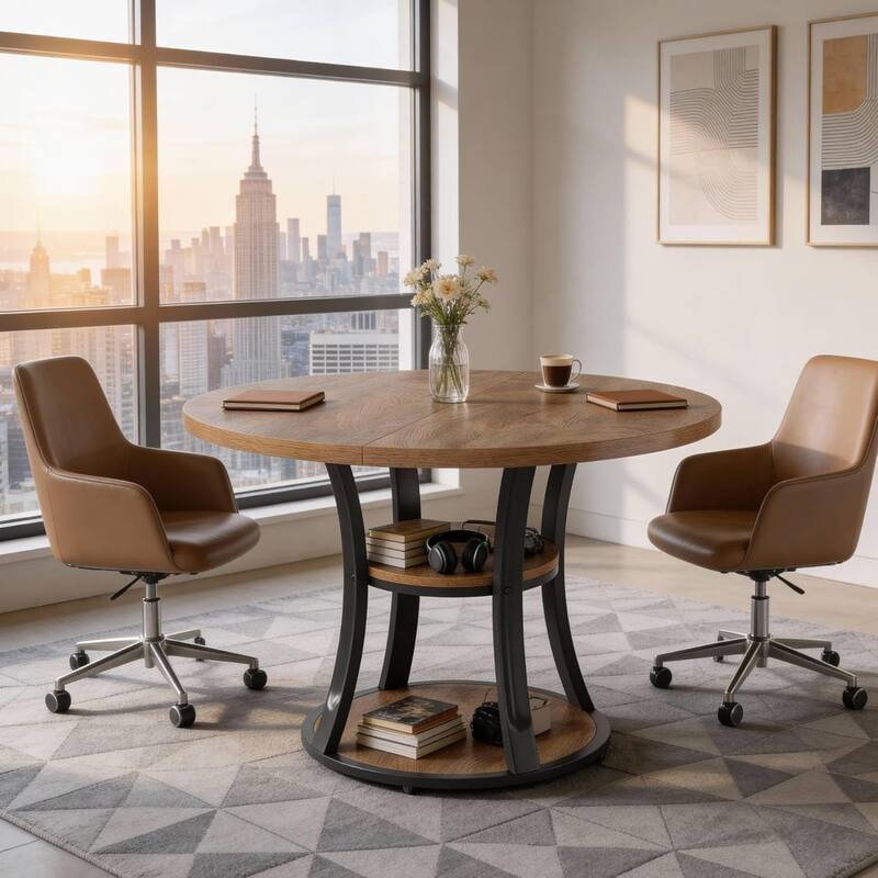 39.37 Inch Round Conference Table with 2-Tier Storage Shelf and Metal Base for 4 People - 39.37" D x 39.37" W x 29.53" H - Rustic Brown+Black