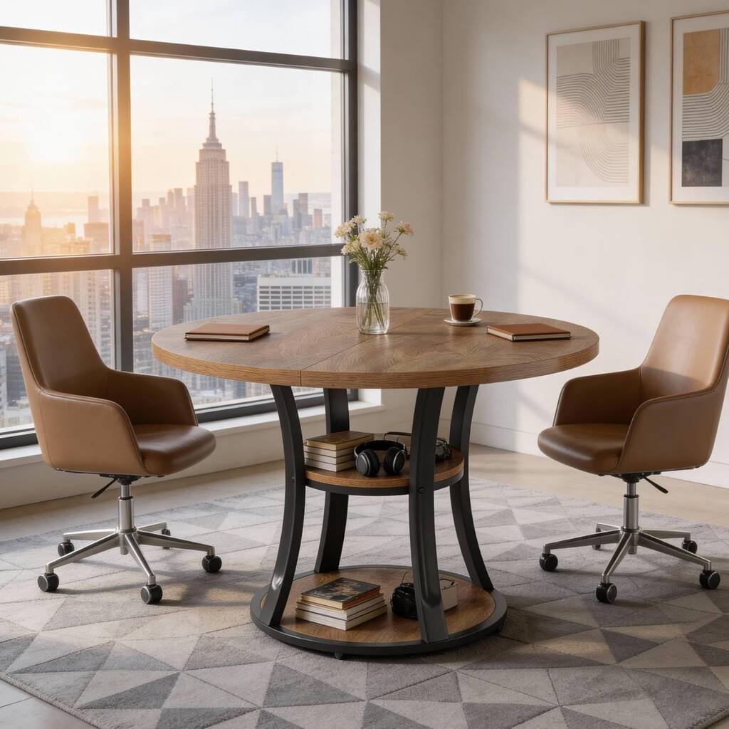 39.37 Inch Round Conference Table with 2-Tier Storage Shelf and Metal Base for 4 People - 39.37" D x 39.37" W x 29.53" H