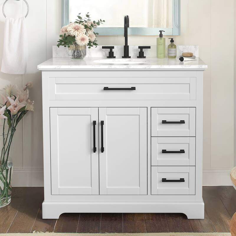 Bathroom Vanity with Marble Countertop without Mirror - 36 inch - White