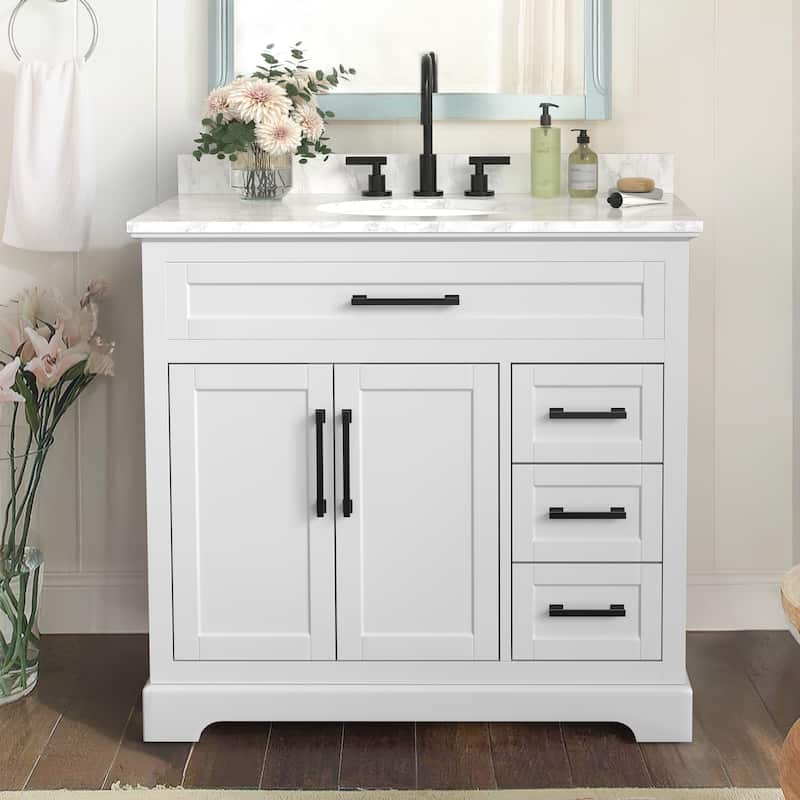 36/48/60 in. Bathroom Vanity in Wood with Ceramic Undermount Sink, Vanity with soft close Drawers - 21.5"D x 36"W x 34.8"H - White
