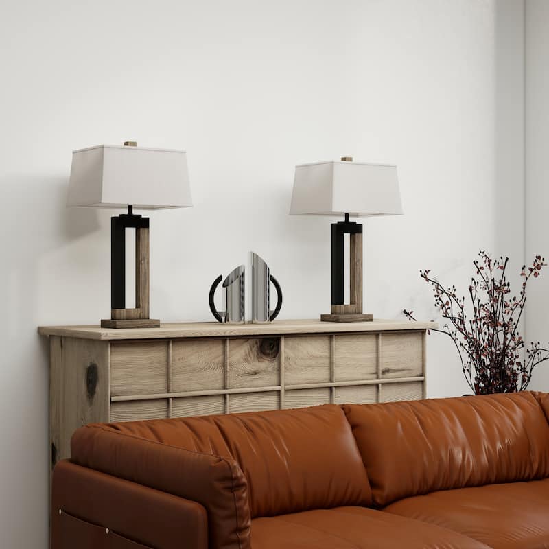 25.9" Rectangle Cotton Shade Wood Table Lamps Set of 2