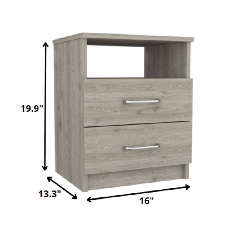 Modern Bedroom Nightstand in Light Grey Wood 2 Drawer End Table with Open Shelf Storage