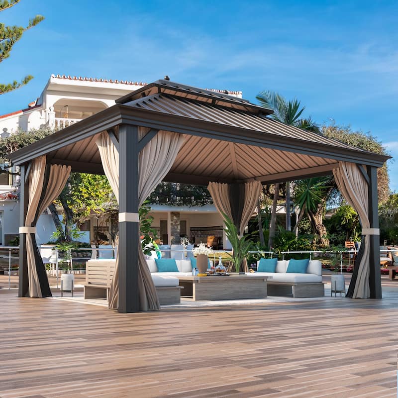 EROMMY 12x16 Outdoor Pergola with Galvanized Steel Roof, Aluminum Frame, and Vertical Rain Gutters