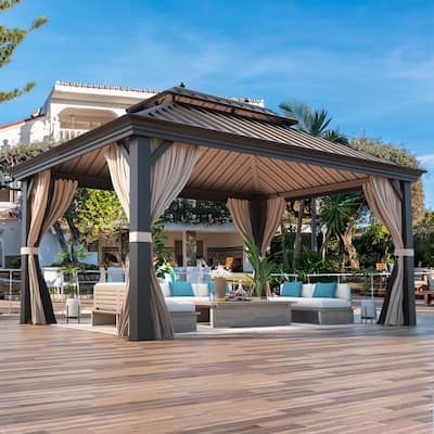 EROMMY 12x16 Outdoor Pergola with Galvanized Steel Roof, Aluminum Frame, and Vertical Rain Gutters