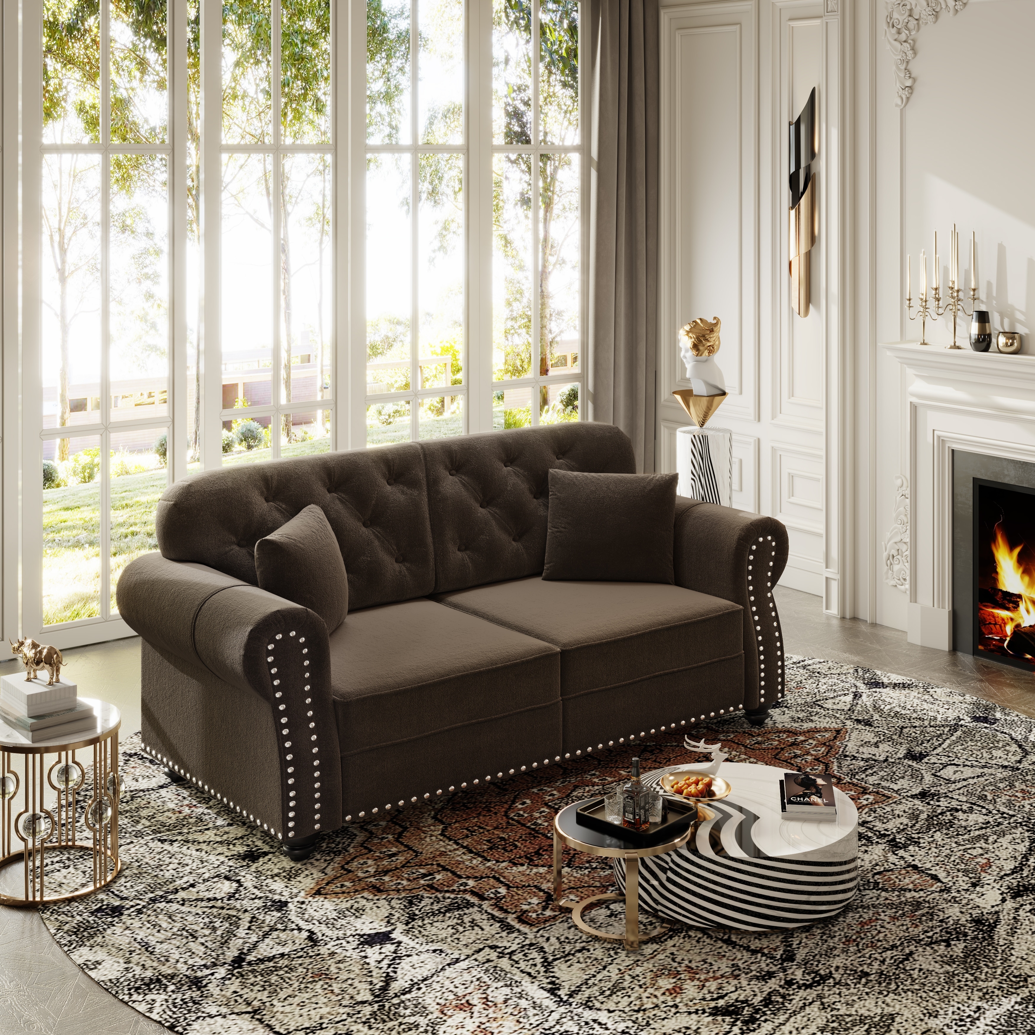 63" Velvet Chesterfield Sofa, Tufted Rolled Arm Couch with Nailhead Trim & 2 Pillows