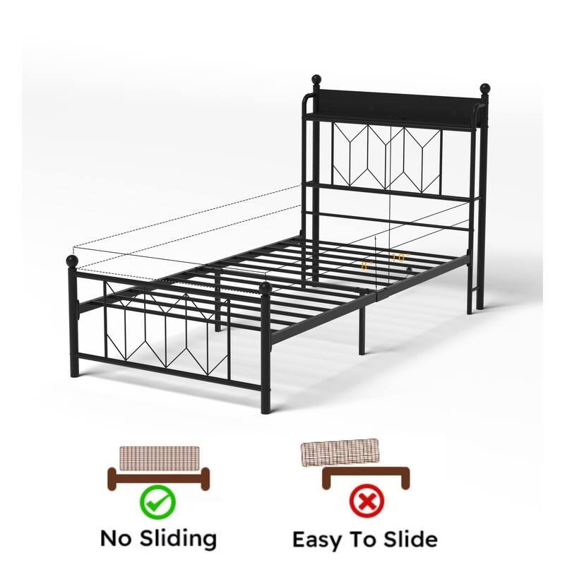 Twin Bed Frames, Headboard and Charging Station & LED Light for Bedroom, Solid and Stable, Noise Free, No Box Spring Needed