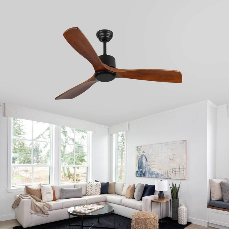52" Wood Ceiling Fan NO light, 3 Reversible Blades, with 6 Speeds Reversible DC Motor,Low Profile Ceiling Fan with No Light