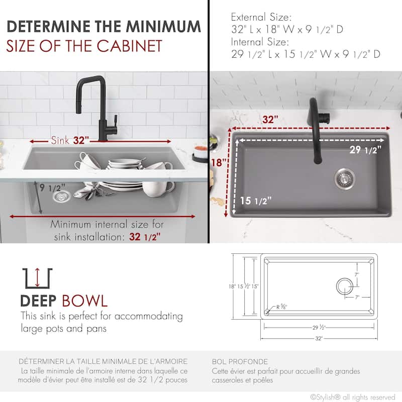 STYLISH Dual Mount 32" Single-Bowl Composite Granite Kitchen Sink - 32" x 18" x 9.5"