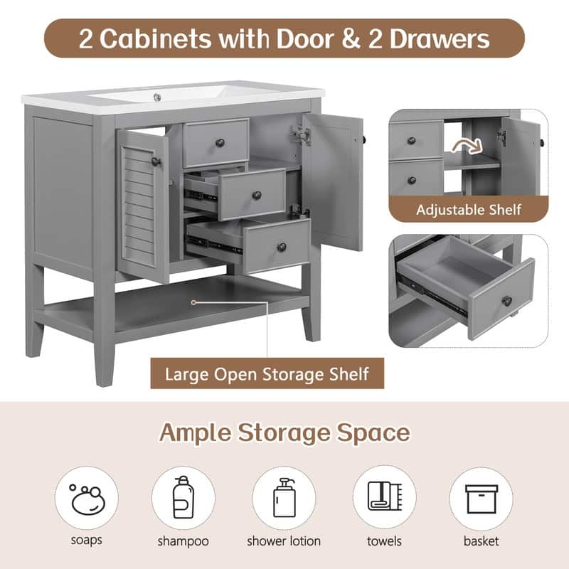 36" Bathroom Vanity with/without Sink, Bathroom Vanity Cabinet with 2 Cabinets and Drawers, Open Shelf, Solid Wood Frame