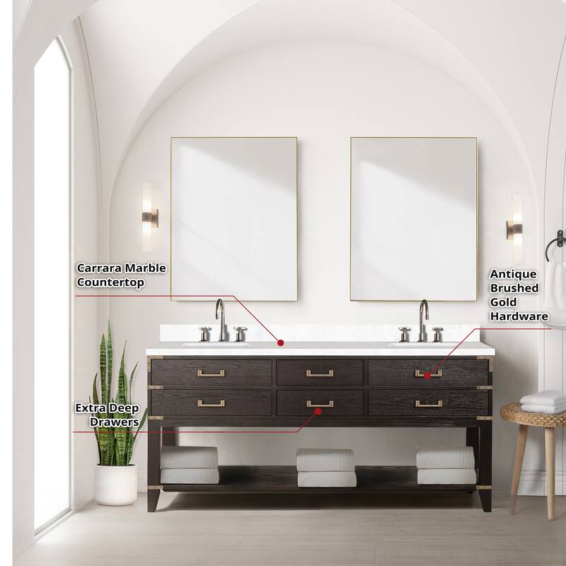 Norwalk 60 in W x 22 in D Black Oak Double Bath Vanity, White Quartz Top, and 28 in Mirrors