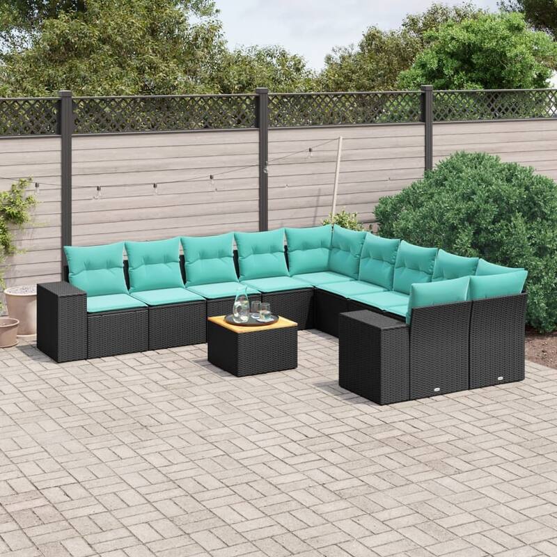 vidaXL 11 Piece Patio Sofa Set with Cushions Black Poly Rattan - 24.4 x 24.4 x 27.2 - Black-Table + 6x middle + 2x corner