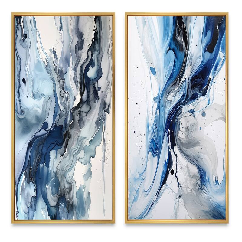 Designart "Blue and Grey Ethereal Elixir" Abstract Framed Wall Art Set Of 2 - Blue Gallery Set For Office Decor