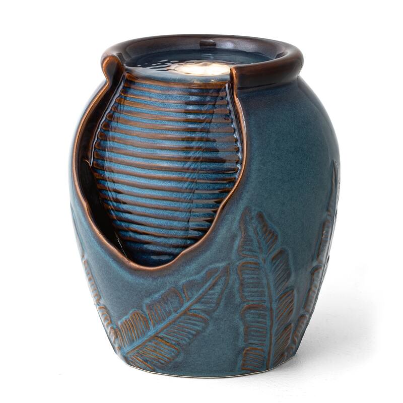 Glitzhome Leaf Textured Ceramic Jar Indoor Tabletop Water Fountain with LED Lights