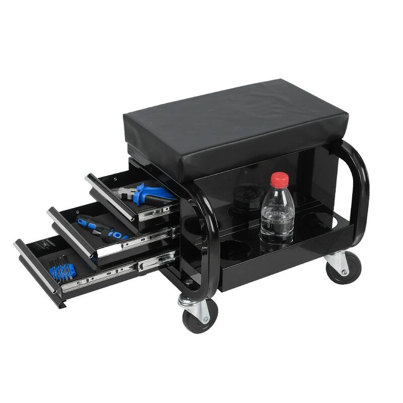 Mobile Creeper Stool with Tool Storage, 3-Drawer Rolling Garage Seat