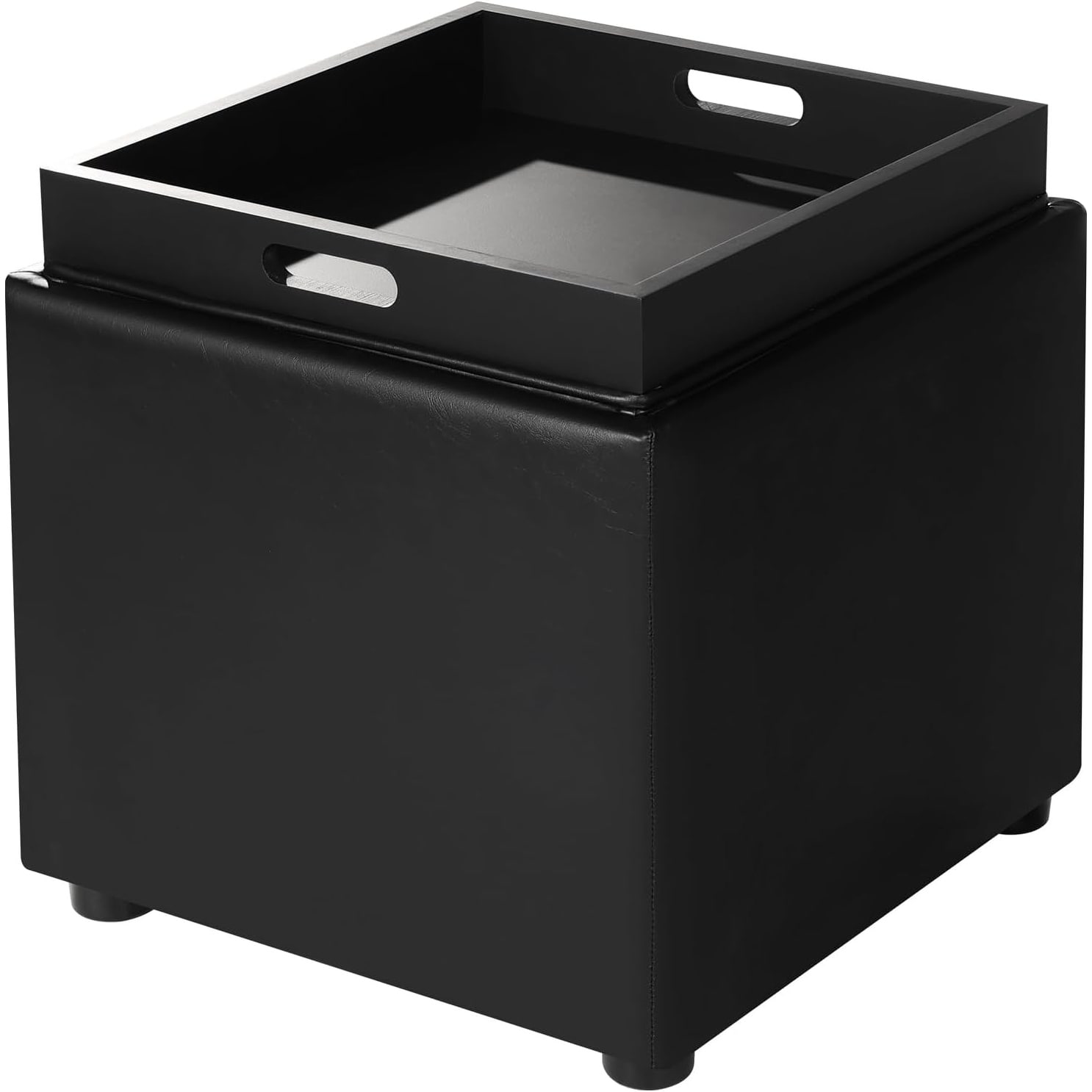 17" Black Storage Ottoman Cube with Tray Lid, Small Footstool with Storage, Square End Table for Living Room & Bedroom