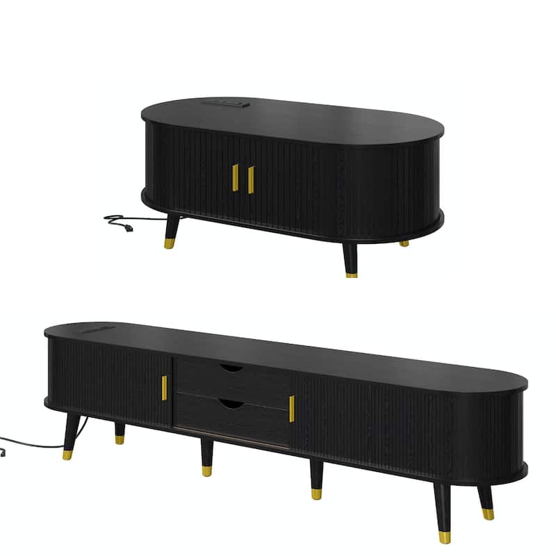 Wooden TV Stand and Coffee Table Set with Charging Station