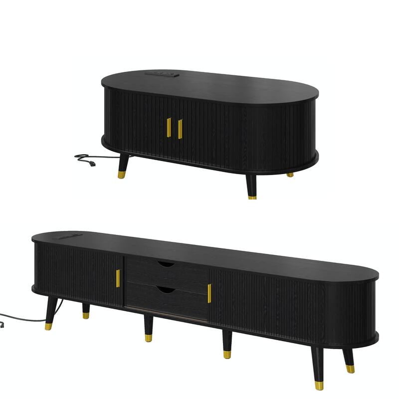 Wooden Tv Stand & Coffee Table Set With Charging Station,Sliding Doors For Tvs Up To 80",Table With Solid Wood Legs