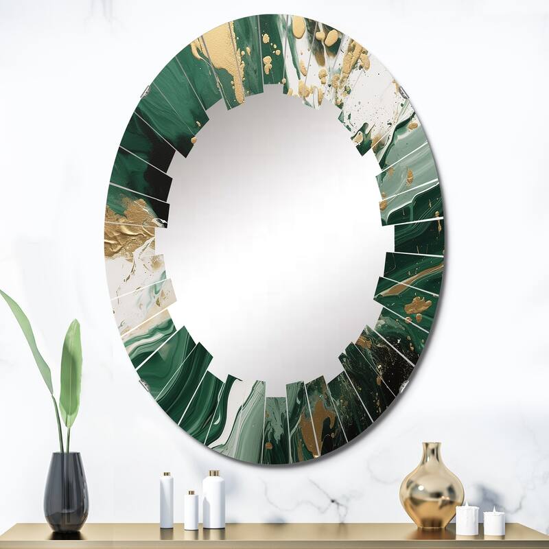 Designart "Green and Gold Liquid Magic I" Abstract Modern Wall Mirror - 24in.x36in.