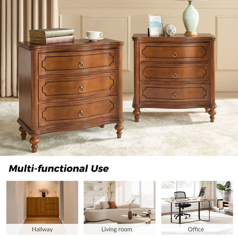 Alois Traditional 28''W 3-Drawer Curves End Table with Solid Wood Spindle Legs Set of 2 by HULALA HOME