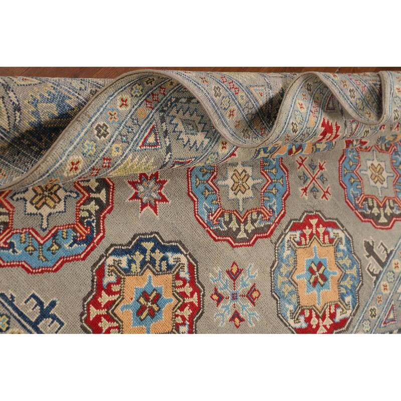 Geometric Grey Kazak Oriental Area Rug Handmade Wool Carpet - 4'10" x 6'11"