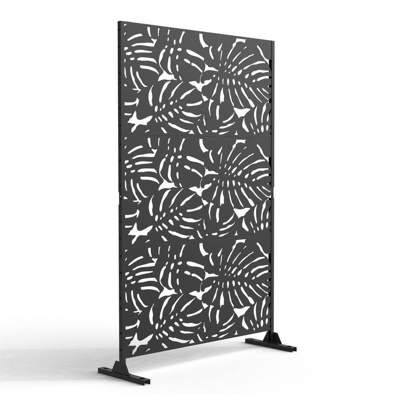 Outdoor Free Standing Metal Privacy Screen - Leaf - Black-Leaf