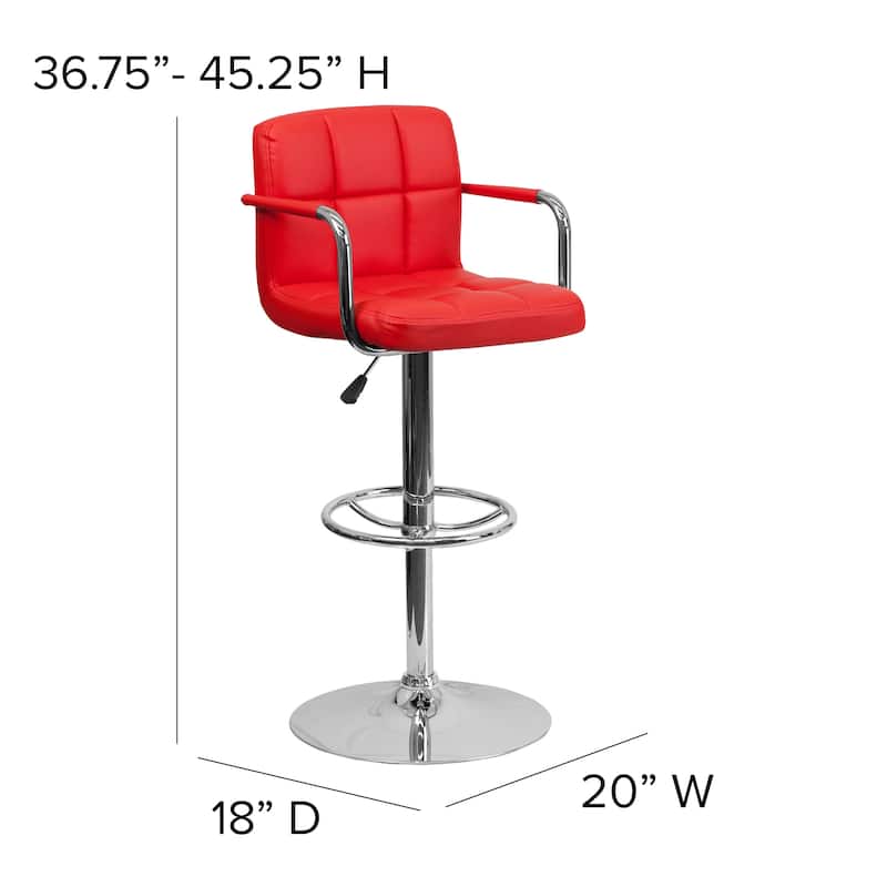 Quilted Vinyl Adjustable Height Barstool with Arms and Chrome Base - 20"W x 18"D x 36.75" - 45.25"H
