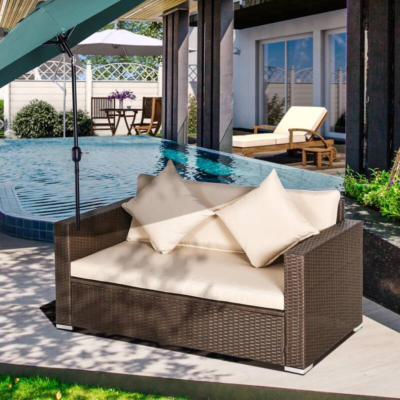 PE Rattan Outdoor Loveseat with Cushions and 2 Throw Pillows