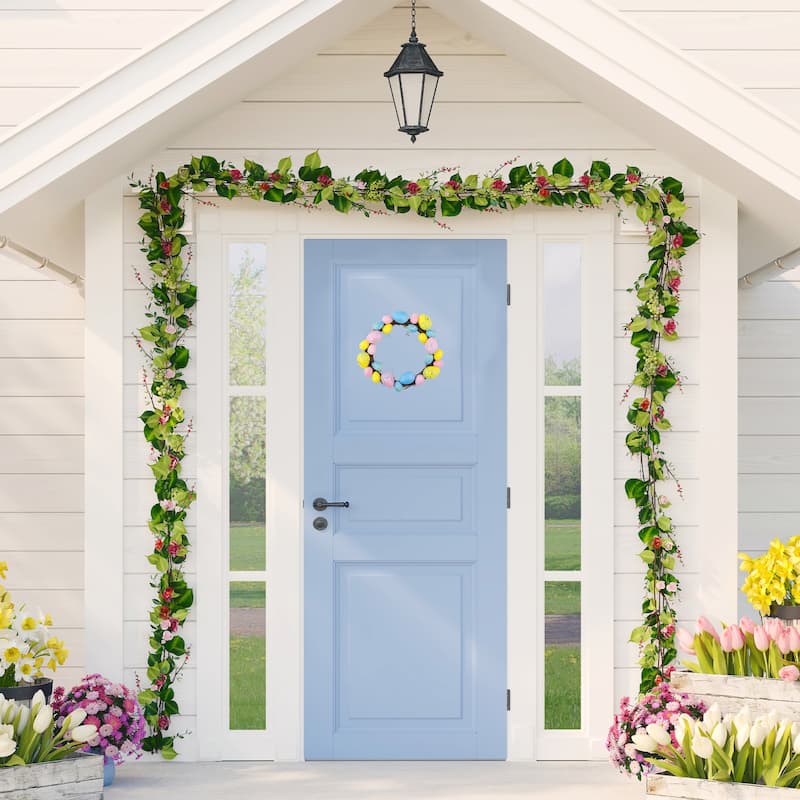 10" Pastel Pink Yellow Blue Floral Stem Easter Egg Grapevine Wreath