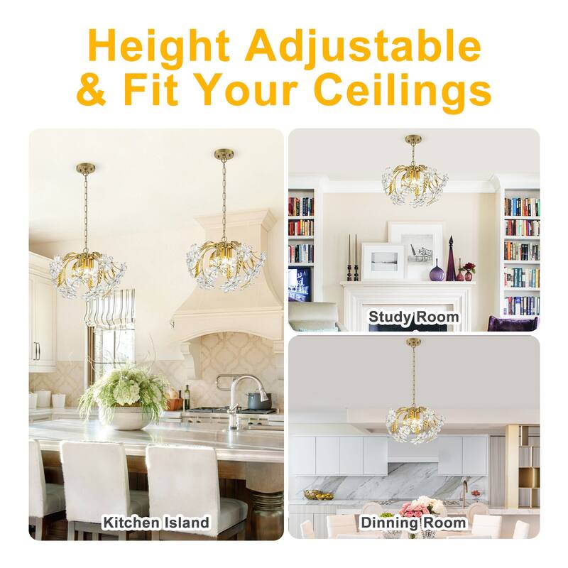 Brushed Gold 4-Light Branch Chandelier with Crystal Floral Accents - Dia.17.72-in