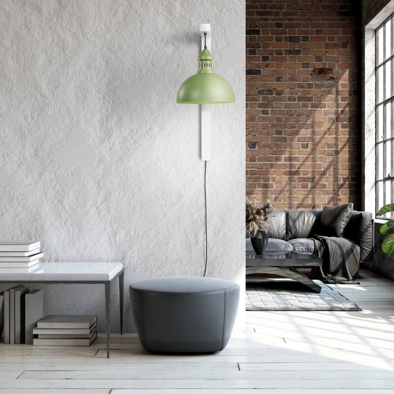 River of Goods Green Metal and White Wood Dome Shade Indoor Plug In Wall Sconce - 16" x 12" x 28.5"