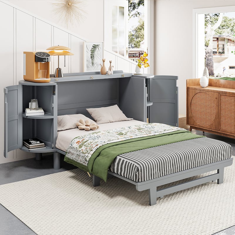 Full Murphy Bed with Handwoven Rattan Drawers and Storage Cabinets, Rustic-Modern Foldable Wall Bed for Home Office or Studio - Grey - Full