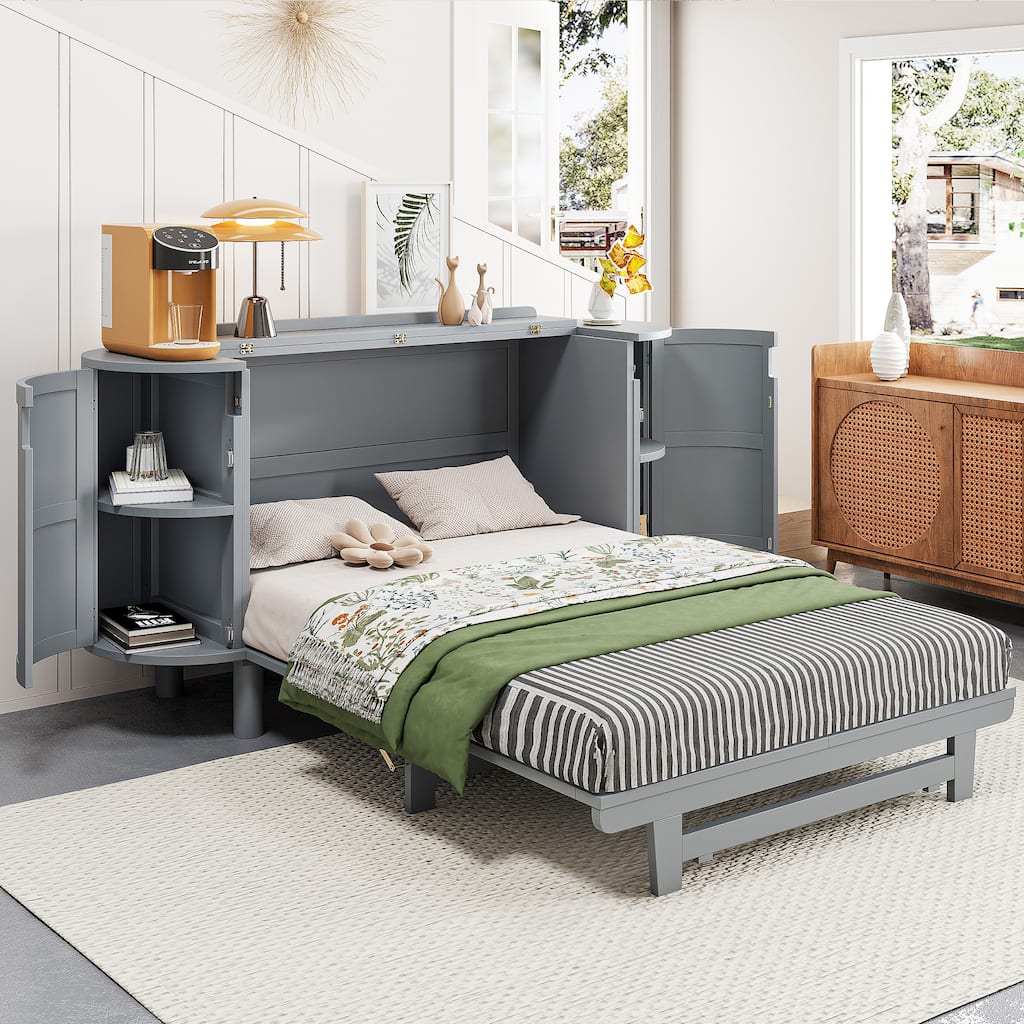 Modern Woven Design Murphy Bed, Wood Living Room Chest Cube Cabinet Bed with Both Sides Hidden Storage