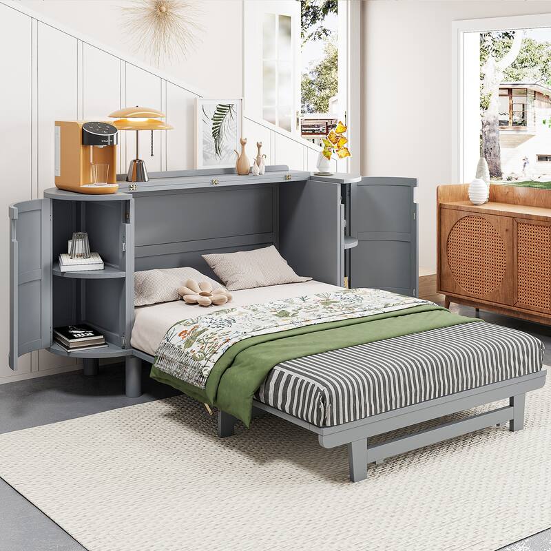 Space-Saving Full Murphy Bed with Hidden Storage and Modern Woven Design, Gray