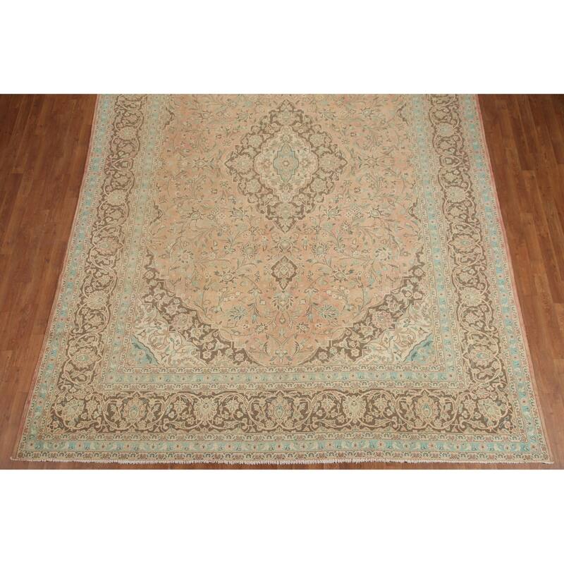 Hand Knotted Oriental 100% Wool Carpet Traditional Floral Coral Mashad Area Rug - 13' 0'' X 9' 5''