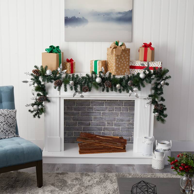 9’ x 10" Ornament and Pinecone Artificial Christmas Garland, Clear LED