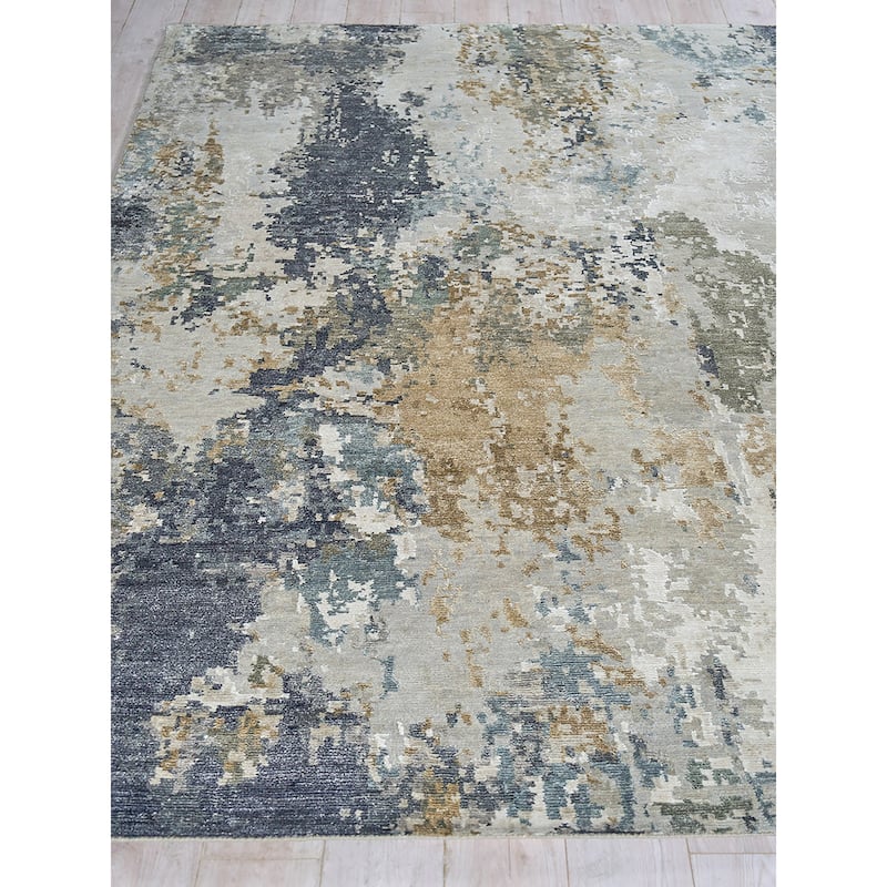 EXQUISITE RUGS Cosmo Hand-knotted Wool/Bamboo Silk Silver/Beige/Blue Area Rug.