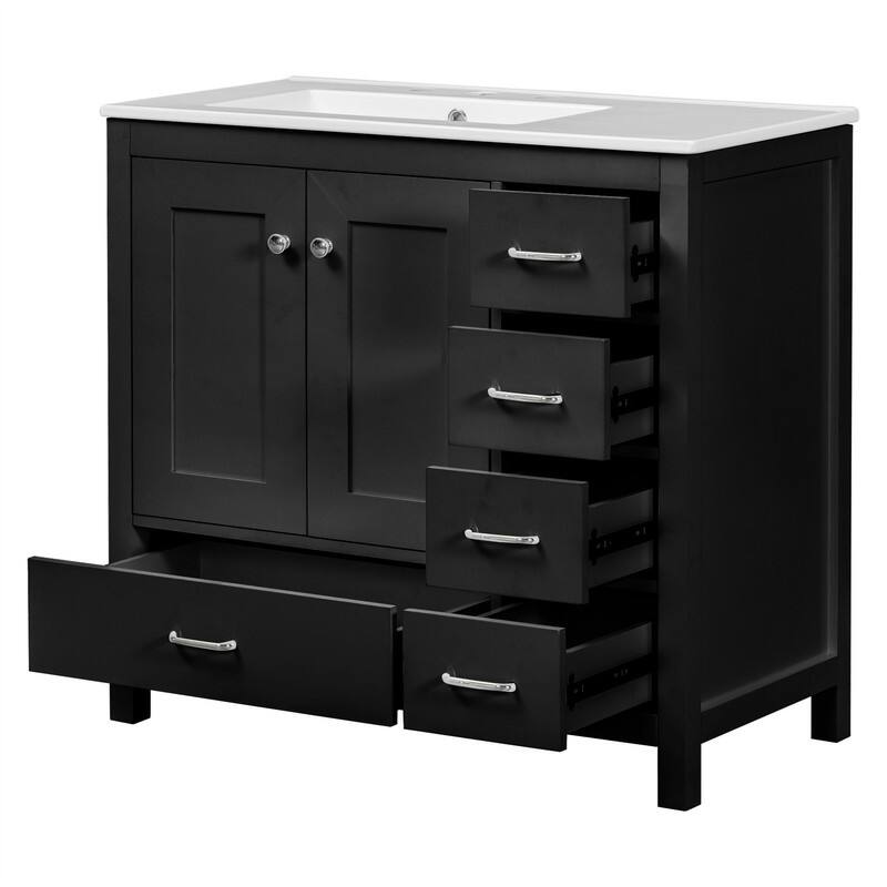 36'' Bathroom Vanity with Ceramic Sink Combo, Modern Bathroom Vanity Cabinet with 2 Soft Close Doors and 5 Storage Drawers