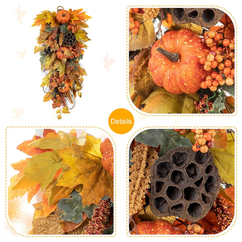 Glitzhome 25"H Fall Pumpkin Lotus Leaf Swag Wreath Thanksgiving Door Decor
