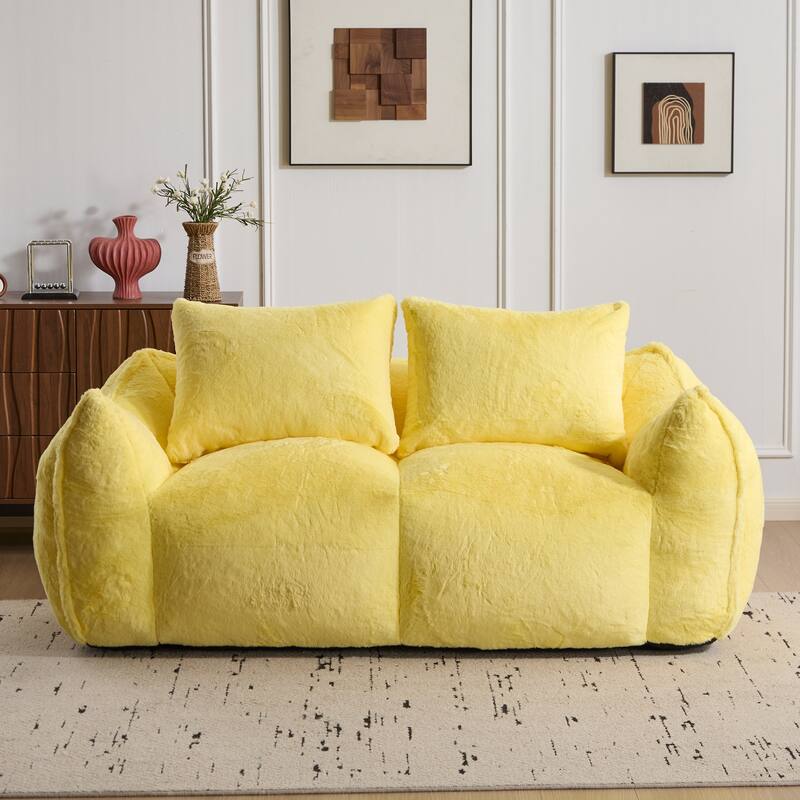 Giant Lazy Bean Bag Couch Chair Ultra Soft Fluffy Loveseat Sofa Chaise Lounge Indoor Cozy Faux Fur Reading Chair with Pillows - Yellow