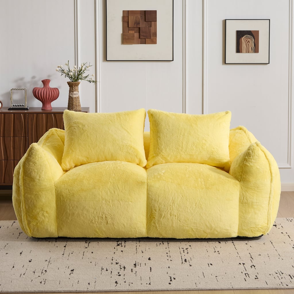Yellow Simple Bean Bag Couch Loveseat Sofa Couch with 2 Pillows, Lounge Sofa Couch for Living Room Bedroom