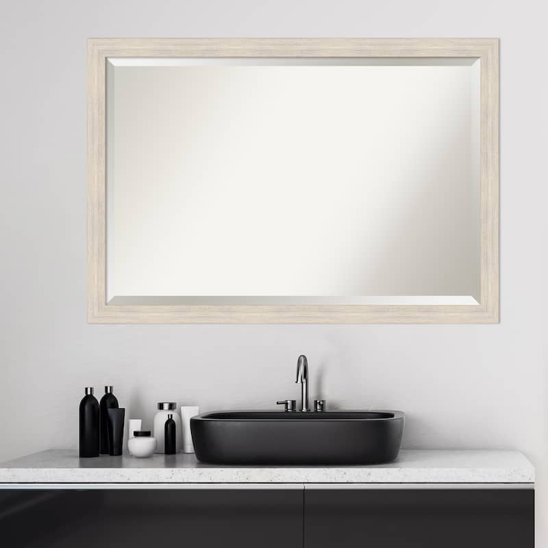 Beveled Wood Bathroom Wall Mirror - Hardwood Whitewash Narrow Frame - Hardwood White Wash Narrow