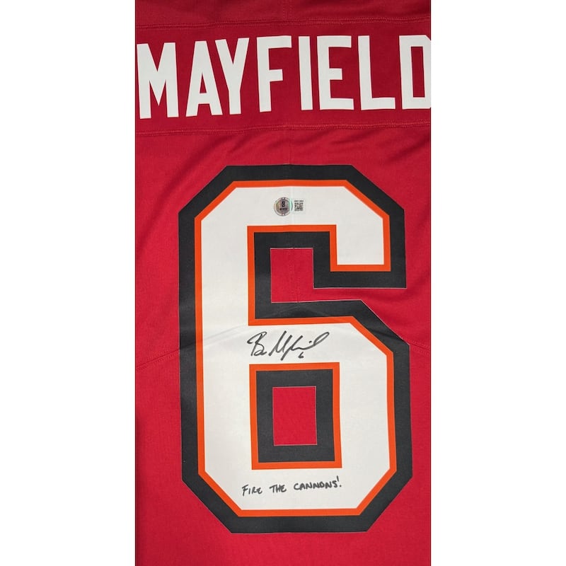 Baker Mayfield Autographed Tampa Bay Buccaneers Signed Limited Football Jersey FIRE THE CANNONS Beckett COA - 8' x 11'