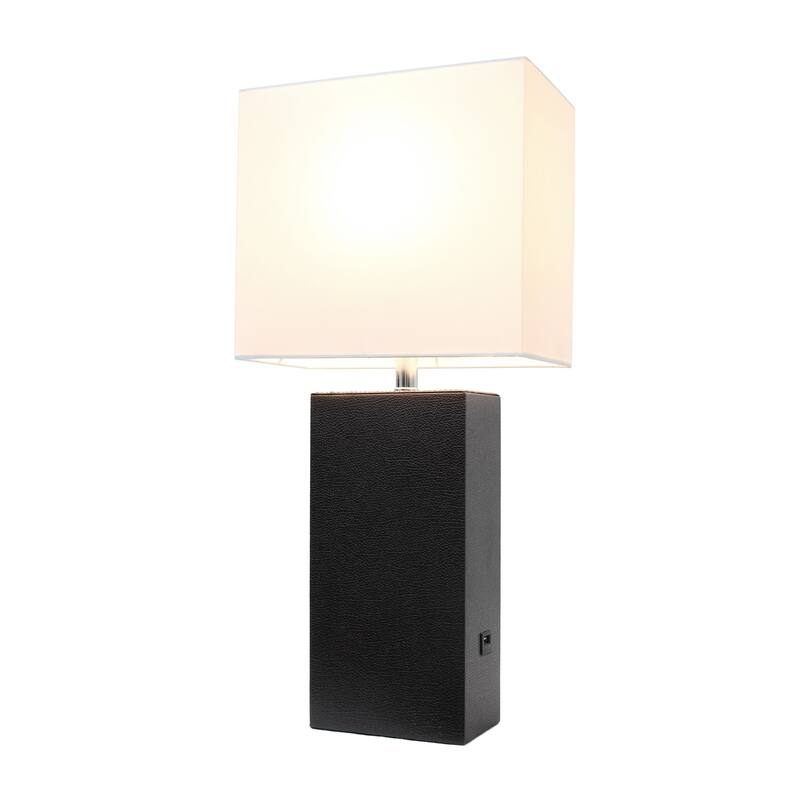 Modern Leather Table Lamp with USB and White Fabric Shade