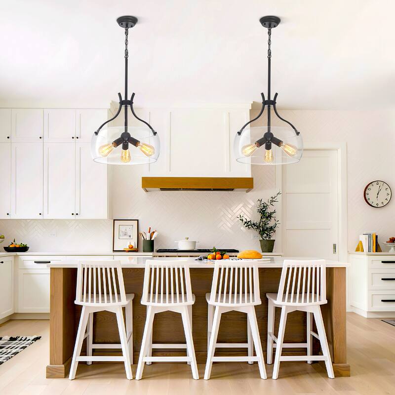 Simple and elegant 3-light metal frame pendant lamp with adjustable height chain and glass lampshade