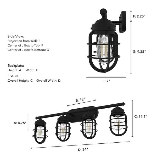 dimension image slide 0 of 2, Hunter Starklake 4 Light Vanity Wall Light, Industrial, Cage, Rustic